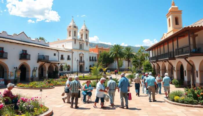 A picturesque view of San Miguel de Allende showcasing colonial architecture and vibrant gardens, with retirees painting, volunteering, and socialising in a sunny plaza, embodying a joyful retirement lifestyle.