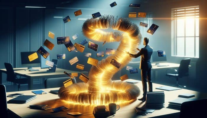 Determined individual in a modern office merging tangled debt chains into a glowing golden stream, symbolizing financial relief.