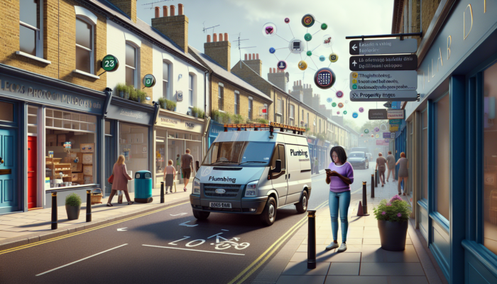Bustling street in Lydney with a plumber's van; person on smartphone searching for nearby plumbers, icons for proximity and relevance, under sunny sky.