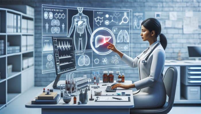 Understanding ALT, AST, ALP in Liver Tests: A doctor in a modern UK NHS lab reviews elevated ALT test results on a digital screen, with a liver diagram and medical tools.