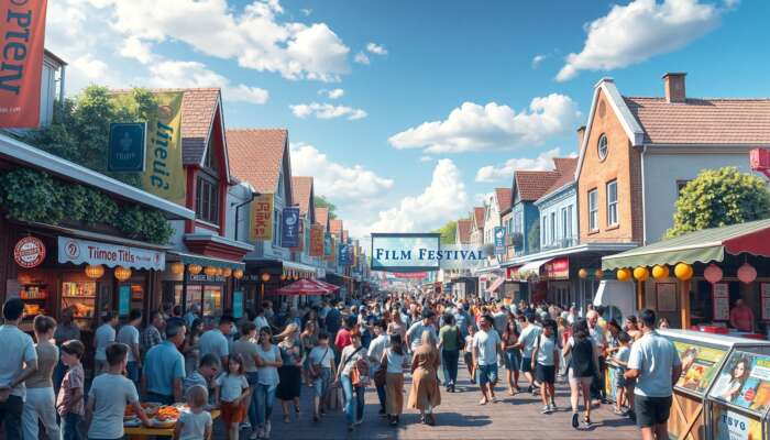 A bustling film festival scene in a vibrant town, showcasing colourful banners, outdoor screenings, diverse food stalls, and busy local shops, all set against charming architecture in a festive atmosphere.