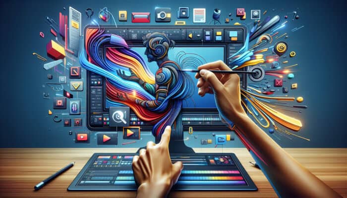 A creator editing video in a vibrant digital workspace with drag-and-drop icons, customizable templates, and real-time previews.