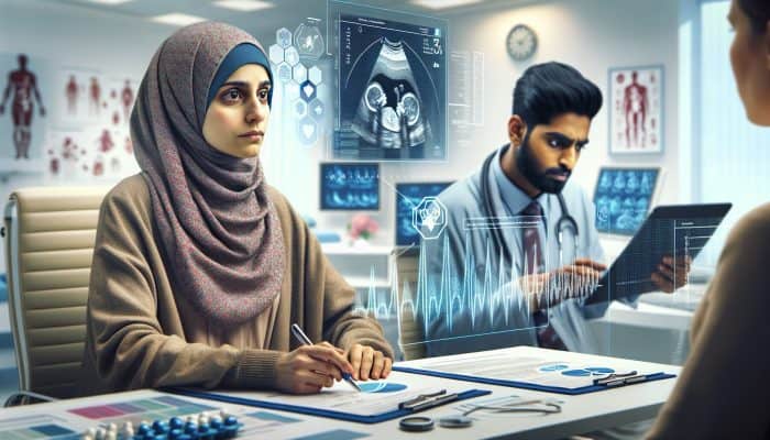 Pregnant woman in a UK hospital undergoing a blood test for ectopic pregnancy, as a doctor reviews low hCG charts and ultrasound scans.