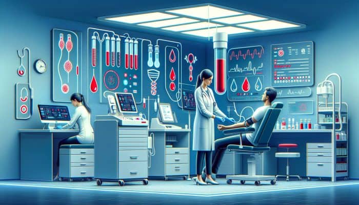 In a modern UK clinic, an endocrinologist draws blood from a diverse patient for cortisol testing, surrounded by high-tech equipment and digital graphs.