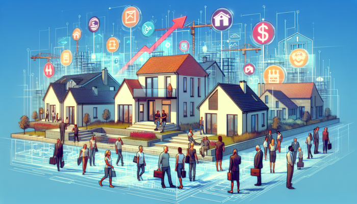 Standerton's mid-level property market: Excited first-time buyers viewing modern homes with tax incentive signs, Reserve Bank symbols, and infrastructure projects under a blue sky.