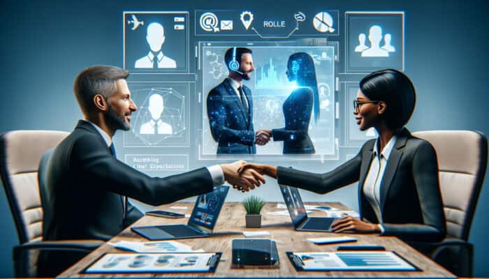 A client and virtual assistant shake hands virtually during a video call, surrounded by laptops, communication icons, and role charts in a modern office.