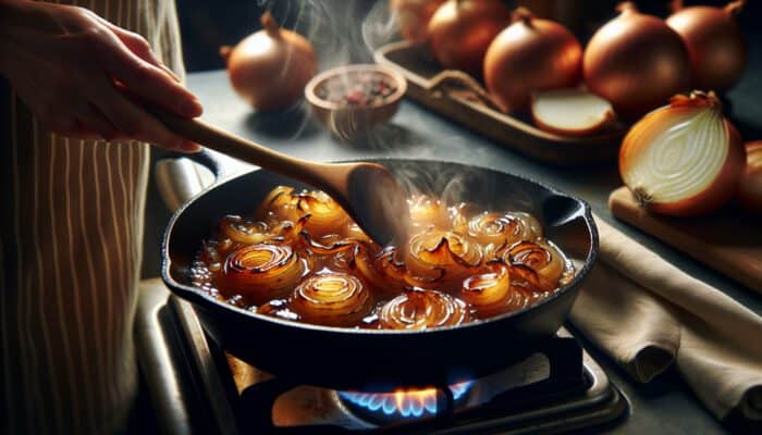 Close-up of golden-brown caramelised onions sizzling in a cast-iron pan on low flame, with steam rising in a cozy kitchen.