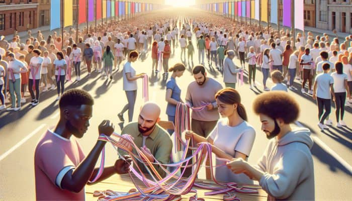 Diverse participants braiding colorful ribbons at a charity walk, with organisers gathering feedback surveys and reviewing success charts under a sunny sky.