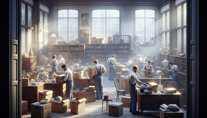 Professionals in overalls sort antique furniture and books in cluttered rooms, packing items into boxes with sunlight through dusty windows.