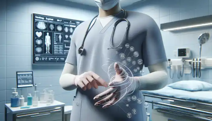 A UK healthcare worker in a sterile hospital, wearing perfectly fitted disposable gloves, performs a precise procedure with enhanced dexterity and contamination protection as per HSE guidelines.