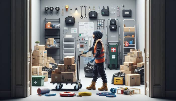 A person in gloves, back brace, and boots clears a cluttered UK home using a trolley, with safety equipment nearby.