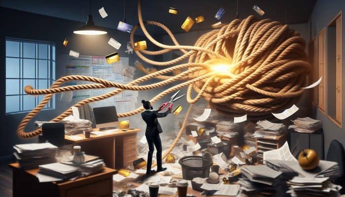 A person in a cluttered home office cuts through tangled ropes of debts to reveal a glowing golden rope symbolizing financial freedom.