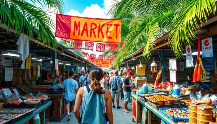 Vibrant market on San Pedro Island, Belize: traveller interacts with smiling vendors selling crafts and seafood amid tropical palms and colourful banners.