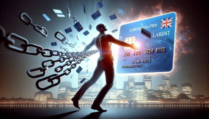 Relieved UK resident breaking free from tangled credit card chains, merging into a glowing low-rate loan in a modern cityscape.