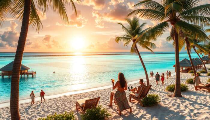 Luxurious all-inclusive resort on a Caribbean beach with turquoise waters, white sands, palm trees, thatched villas, and guests enjoying sunset cocktails.