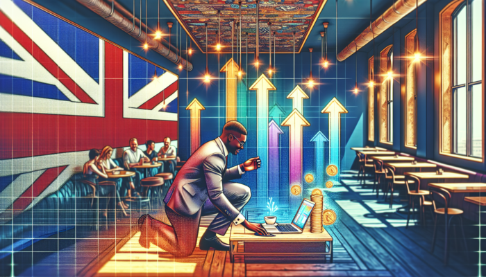 A determined small business owner in a modern London cafe analyses a sleek website on a laptop, surrounded by rising sales graphs, Union Jack flags, and happy customers.