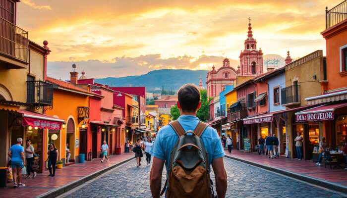 A traveller explores cobblestone streets in San Miguel de Allende, surrounded by colorful colonial buildings, the pink Parroquia spire, and bustling markets under a golden sunset.