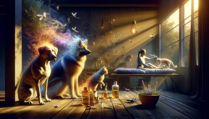 A thick-furred dog and sensitive-skinned cat being treated with essential oils in a sunlit home, as an owner observes scattering fleas.