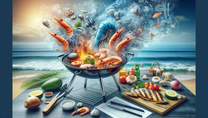 Outdoor grilling scene with fresh shrimp and fish on a charcoal grill, using tongs, fish basket, and basting brush amid smoke and ocean waves.
