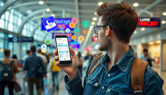 A traveller in a bustling airport holds a smartphone displaying Revolut and TransferWise apps with real-time exchange rates and floating currency icons.