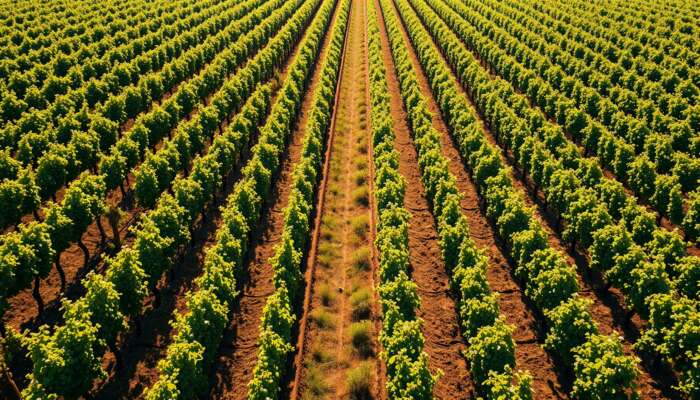 Aerial view of a planned vineyard with straight rows of grapevines in vertical positioning, bathed in golden sunlight, featuring ripe grapes and cover crops.