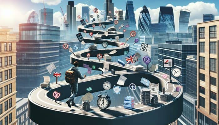 Determined person navigates winding path in bustling UK city, surrounded by clocks, loan documents, and stamps, symbolizing variable debt consolidation timelines.