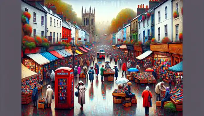 Bustling UK high street with diverse shoppers examining colourful gloves in shops and markets, featuring red telephone booths, rainy weather, and Big Ben.