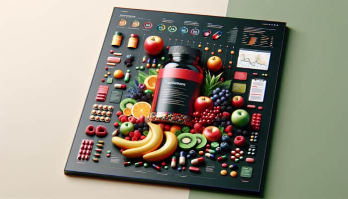 Vibrant supplement ad showing colorful pills and fresh fruits in a dynamic modern layout with bold red and green colours.