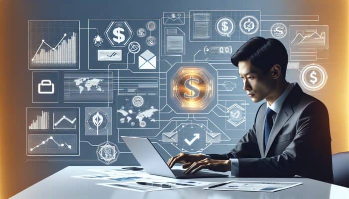 A focused professional at a UK desk researches balance transfer cards on a laptop, surrounded by financial charts, forms, and approval icons.