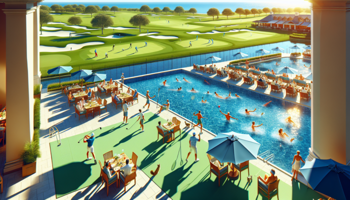 A vibrant scene at White River Country Club: golfers on greens, tennis players on courts, swimmers in a pool, and guests dining riverside.