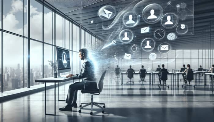 Business executive in modern office delegates emails on computer, with digital envelopes flying to team avatars, timers, and checklists for efficiency.