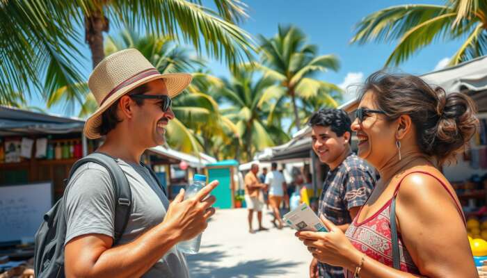 A traveller applies sunscreen in a Belizean market, chatting with smiling locals while holding water and cash under palm trees.