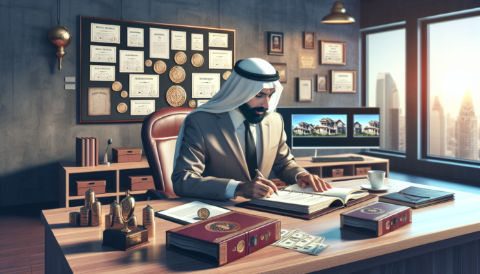 Evaluator assessing estate agent's portfolio with documents, awards, and photos in a modern office under soft light.