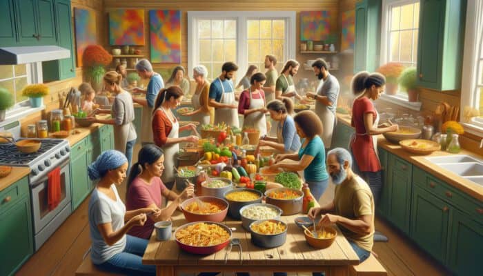 A multi-generational family joyfully prepares colourful pasta salads and hearty casseroles in a cosy kitchen, skillfully adapting recipes for a large group.