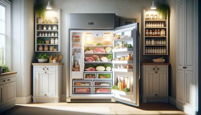 Well-organised kitchen: open fridge with fresh meats, dairy, and labelled vegetables; tidy pantry with dry goods; soft natural light.
