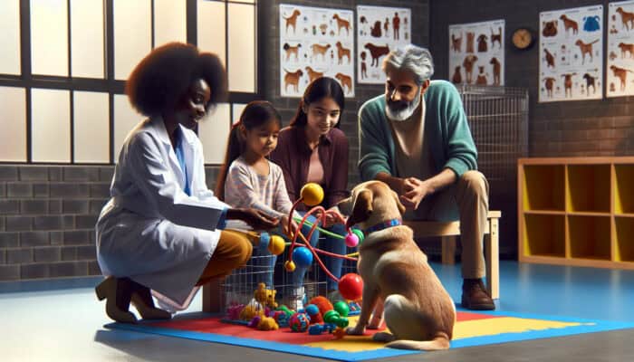 Behavioural Assessments for Pet Adoptions: Behaviourist in a sunny shelter observes a curious dog playing with a diverse family, using charts and toys for compatibility assessment.