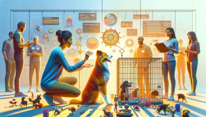 A behaviourist assesses a playful border collie with toys and obstacles in a sunny adoption centre, as volunteers observe.