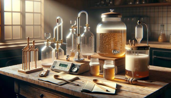 Rustic wooden table showcasing fermentation equipment: bubbling glass jars, airlock, digital thermometer, hydrometer, and stirring spoons in golden light.