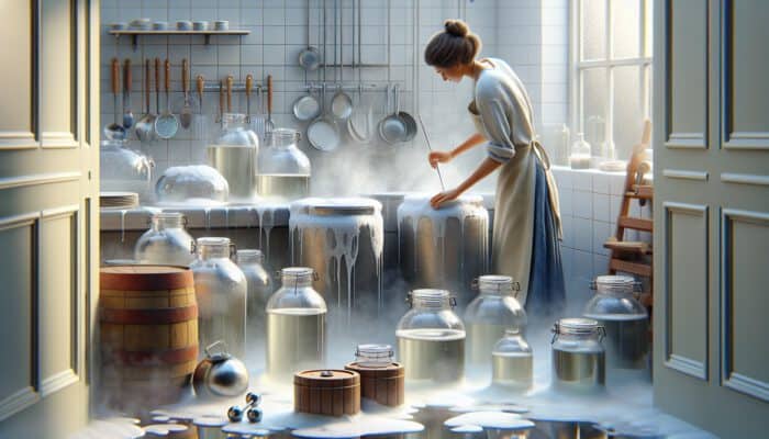 In a pristine kitchen, a person in a clean apron washes and rinses fermentation jars while checking for residues.