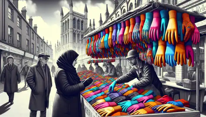 A shopper inspects vibrant gloves at a bustling Leicester market stall, with historic brick buildings and a cloudy sky in the backdrop.