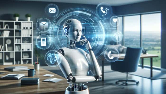 A poised virtual assistant in a modern home office, managing emails, phone calls, and tasks on multiple screens with confidence.