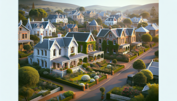 Picturesque Graaff-Reinet suburb with elegant Victorian houses, lush gardens, tree-lined streets, and a clear blue sky.