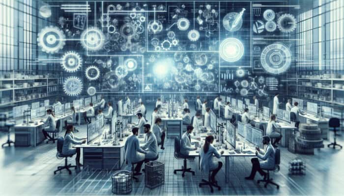 Scientists in a bustling lab analyze intricate data charts and feedback loops on glowing screens, discussing to overcome inconsistencies and improve research techniques.