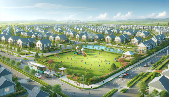 A vibrant mid-market neighbourhood featuring spacious family homes, lush parks, children playing, schools, and bustling shopping centres under a blue sky.