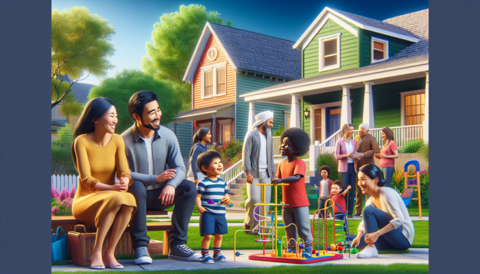 Vibrant family scene in Kimberley's neighbourhood: diverse family outside home, children playing in lush park, neighbors chatting at event under sunny sky.