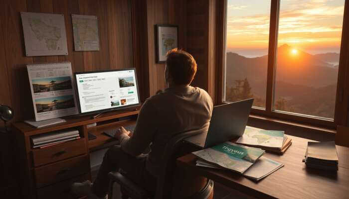 A traveller in a cosy room sits at a desk with a laptop showing hotel options, surrounded by maps and a mountain sunset view.