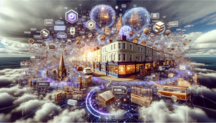 Vibrant Teignmouth shop on bustling street, surrounded by SEO symbols like golden backlinks, floating keywords, and mobile devices.