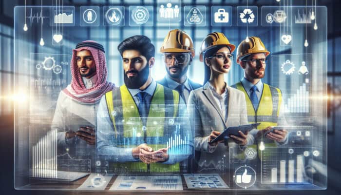 In a modern office, a diverse team analyses health and safety data on digital screens, surrounded by charts, reports, and safety symbols.