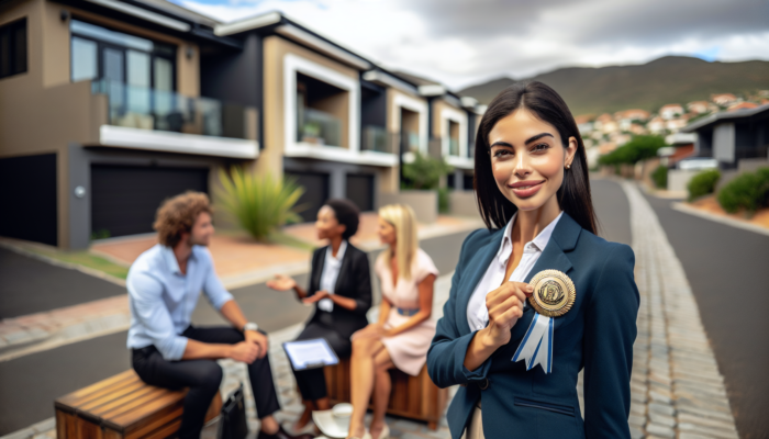 A professional estate agent in Kempton Park displays her SAIEA badge while consulting buyers outside a modern suburban home.