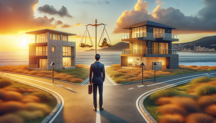 Young professional at Umhlanga seaside crossroads, choosing between rented apartment and owned home, with scales under golden sunset.